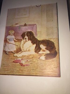 VINTAGE SAINT BERNARD CHEWS UP LITTLE GIRLS DOLL AND SHE IS HOLDING A WHIP PRINT