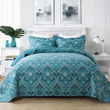 NEWLAKE Cotton Bedspread Quilt Sets-Reversible Patchwork Coverlet Set, Turquo...