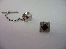 Textured Silver Tone Black Glass Center Vintage Mens Tie Tack Jewelry Pin