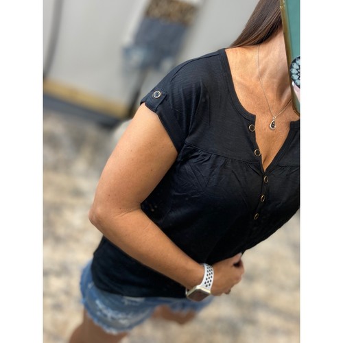 Sheer Top Womens Medium Black Burnout V Neck Henley V Neck Short Tab Sleeve - Picture 5 of 11