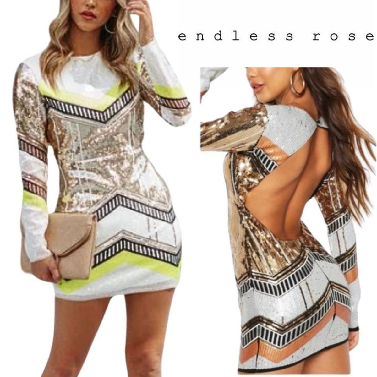 NWT, Endless Rose, Sequin Long Sleeve Mini Dress, Lime Multi, Gold, White  Yellow | eBay