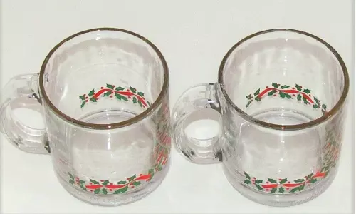 2 Vtg  Libbey Arby' Christmas Holly Berry Clear Glass Coffee Mug Gold Trim