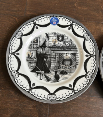 Set of  2 Royal Stafford Witch By Fireplace Black Cat Halloween Dinner  Plates