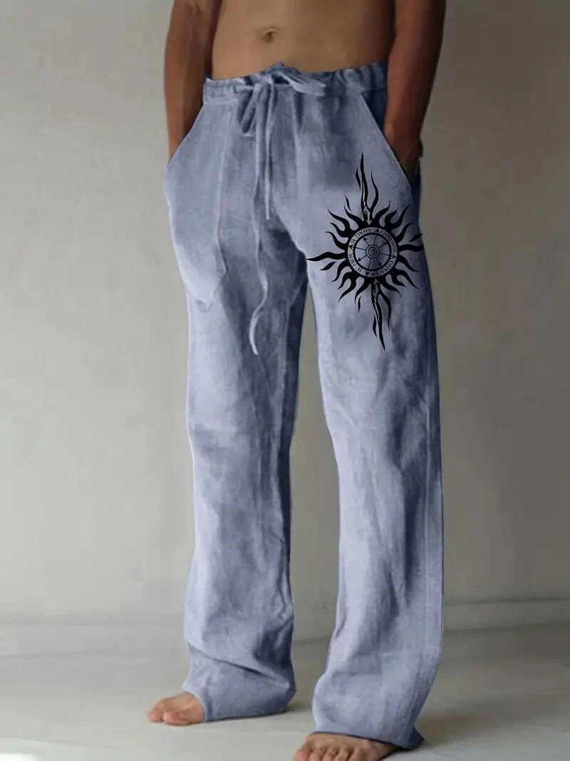 Compass Graphic Casual Pants Woven Cotton Loose Fit Drawstring Breathable Blue