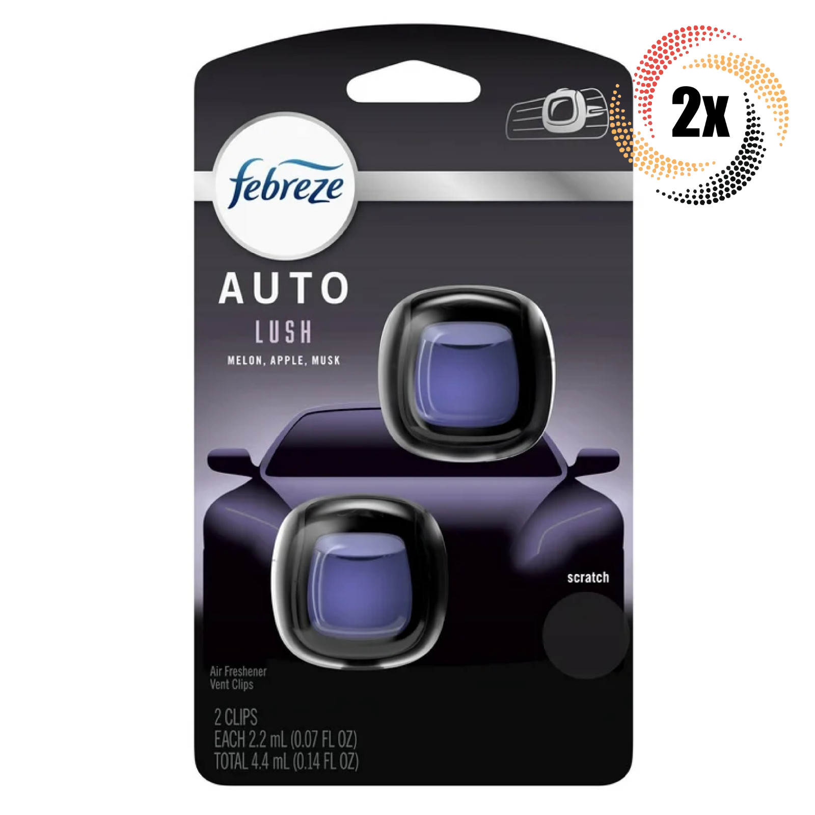 2 Упаковки освежителя воздуха Febreze Auto Lush Scent Car Vent Clip | по 2 штуки в каждой | 4,4 мл