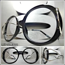 Womens Oversized Retro Style Round Black Lensless Eye Glasses Frame Only NO Lens