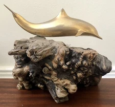 Vintage JOHN PERRY Sculpture BRASS Dolphin BurlWood Driftwood Sea Art Statue