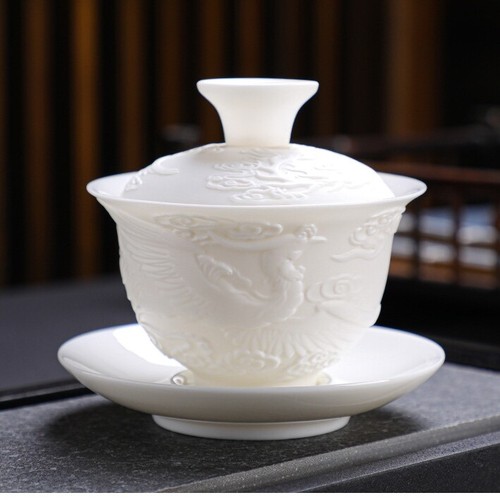On Big Sales Porcelain Gaiwan White China Tureen Dragon Phoenix Relief Cup Bowl - Picture 10 of 14