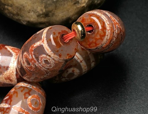 0,8 Zoll alte Tibet Buddhismus Achat geschnitzte Dzi Perlen Hand Kette Armbänder - Bild 8 von 9