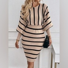 (B4) Shein Beige Tan Black Striped Batwing Bodycon Knit Sweater Dress L 8 10