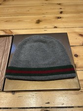 Gucci Web Stripe Wool And Silk Grey Men Knitted Beanie Hat - L