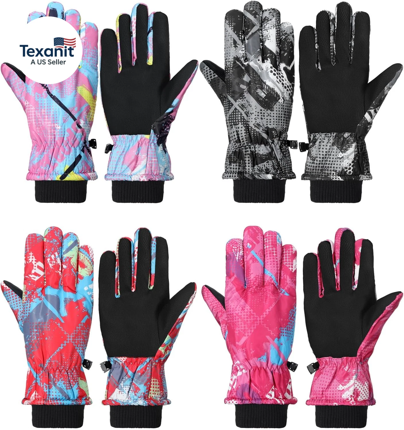 4 Pair Mens Winter Ski Gloves Women Warm Waterproof Snow Gloves Adjustable Non S