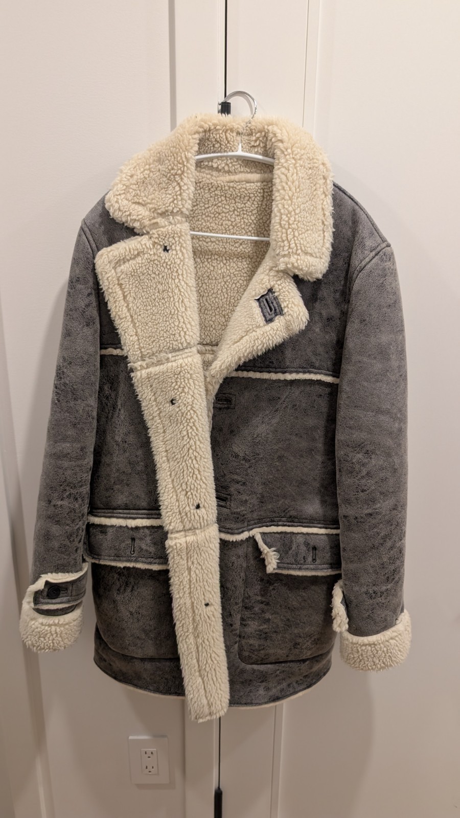 Zara Man Distressed Faux Shearling Coat - Faux Suede / Sherpa Lined - Size S