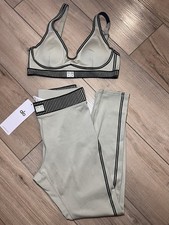 ALO Women's Beige  Black Striped 2 Piece Activewear Set Leggings Bra size L
