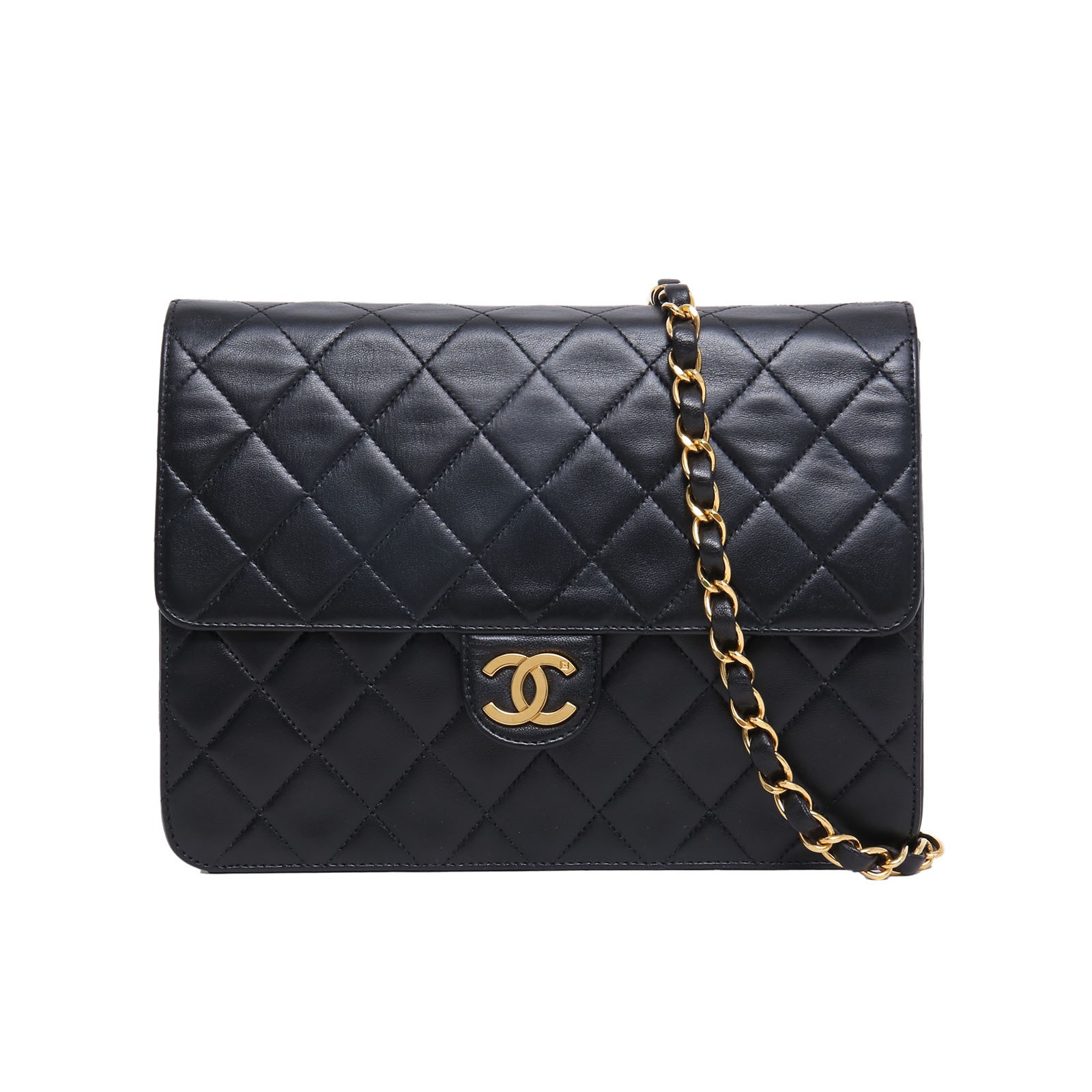 CHANEL Vintage 1997 Black and Gold Sheepskin Envelope Bag  P213201699