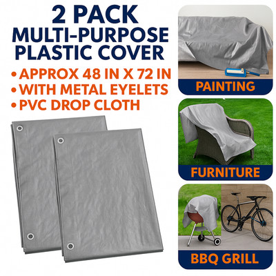2 Pack Multi-Purpose Plastic Cover 48'' x 72''  Drop Cloth with Metal Eyelets Gray