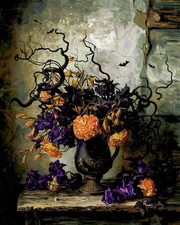 Halloween Floral Vase | Bats & Ghostly Shapes | Vintage Art Print Museum Art
