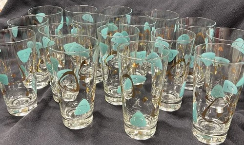 Vtg 50s Mid Century Federal Atomic Amoeba Tea Tumblers Glasses Turquoise Gold