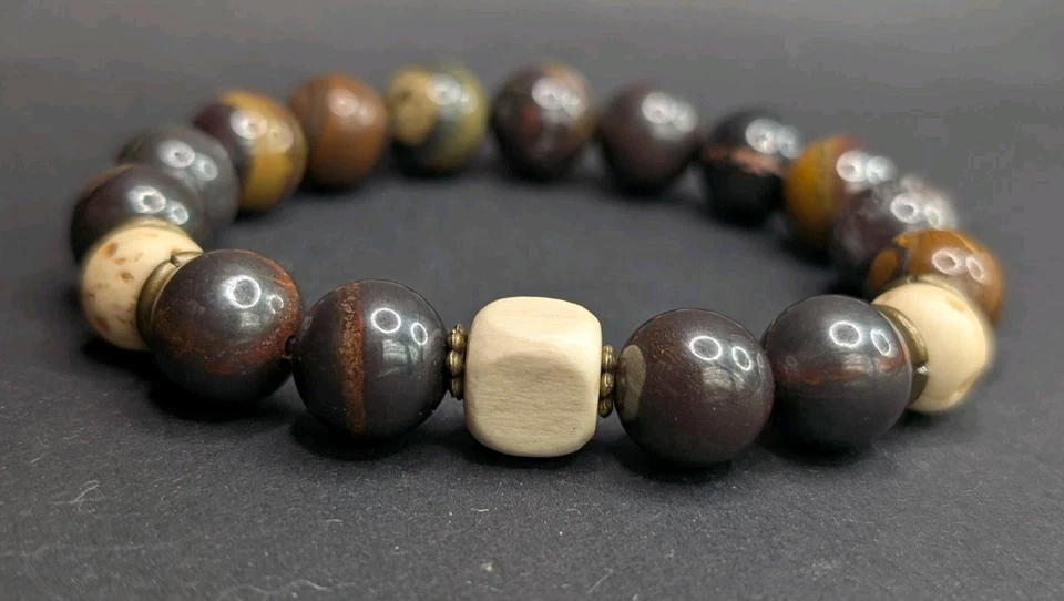 Pulsera elástica unisex marrón con cuentas de 10 mm piedras preciosas terrosas (17 cm) S/M Foto 2 de 4