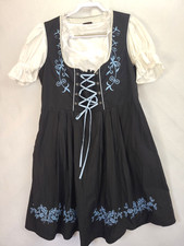 Womens Black Embroidered Dirndl German Dress Floral Oktoberfest Bavarian Sz 2XL