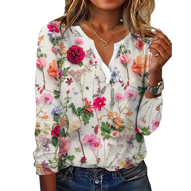 Womens Summer V Neck Tops T Shirt Ladies Long Sleeve Floral Pullover Blouse UK eBay