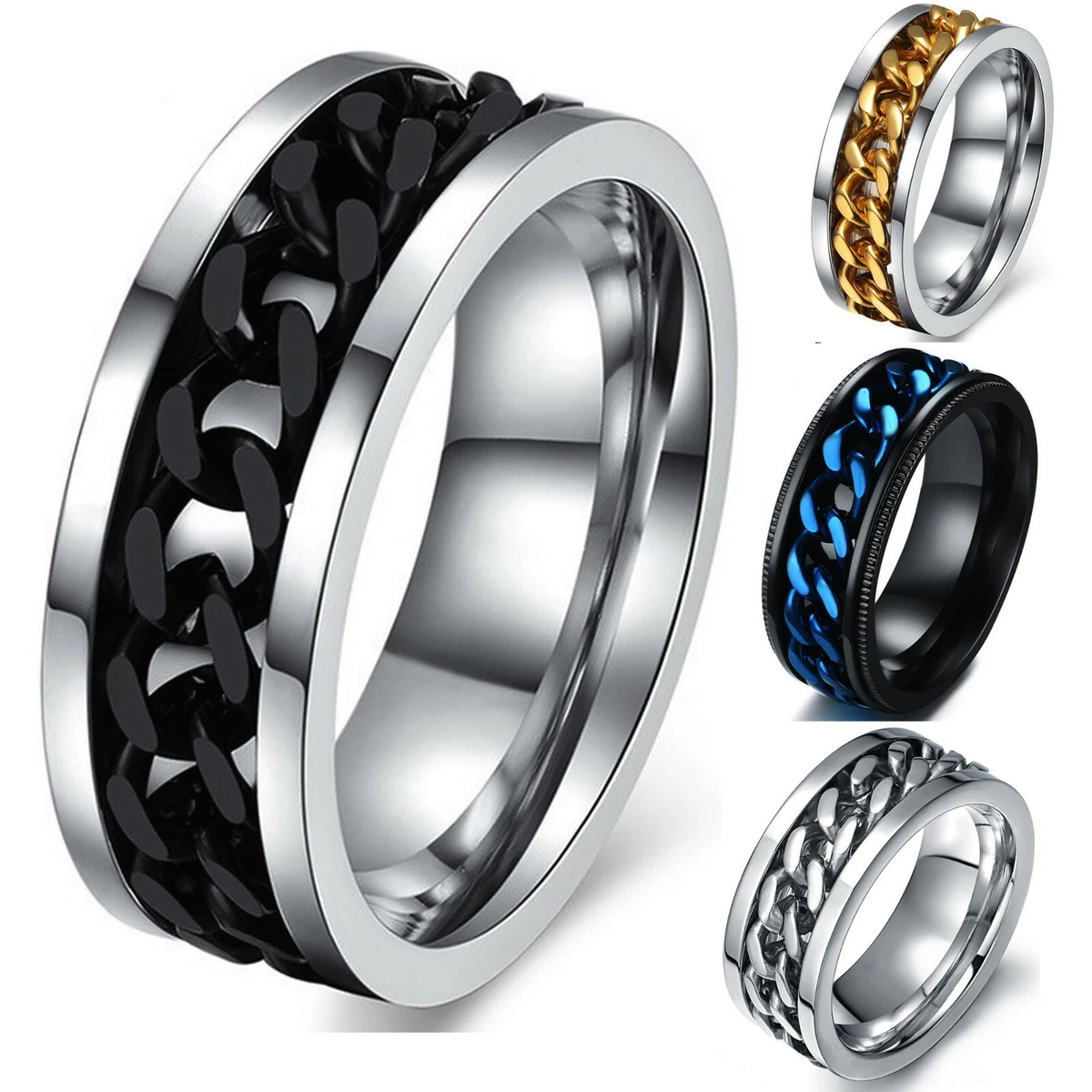 Men s Anxiety Spinner Ring Stainless Steel Curb Chain Wedding Band Comfort Fit