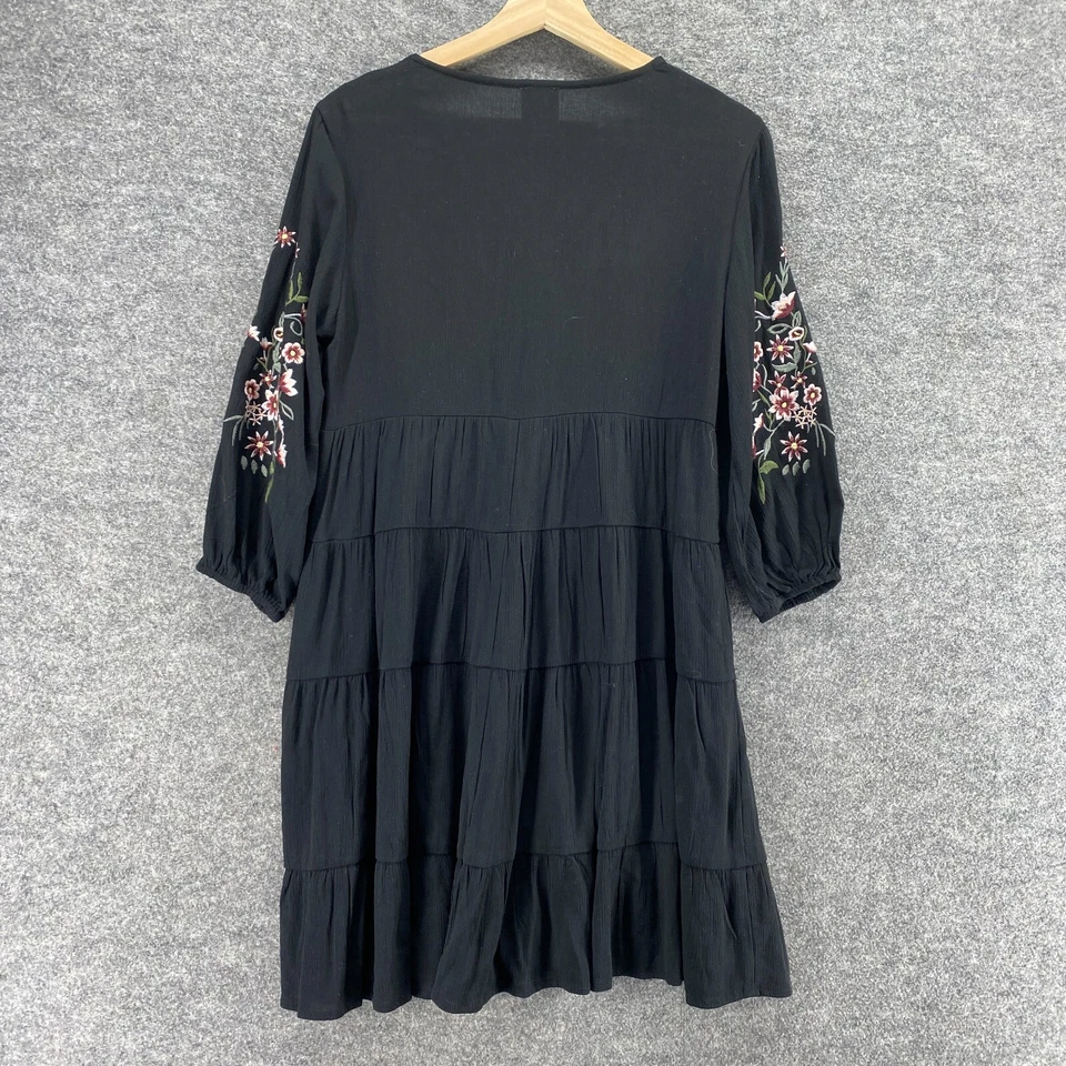 Blue Rain Dress Women XS Black Floral Embroidered Shift Short V-Neck Button - Image 2 of 4