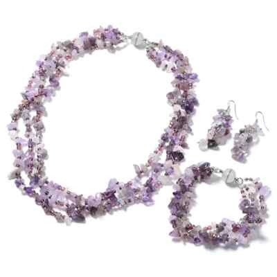 WOW! 466.50ctw Amethyst Triple Strand Bracelet 8 In, Necklace 20 In Earring Set