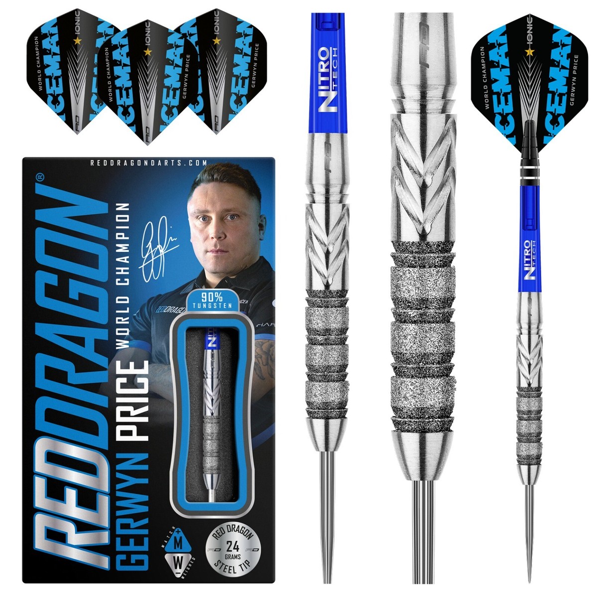 RED DRAGON Fléchettes Gerwyn Price Iceman - Tungstène 90% 26g - Set Professionnel Avec Vols Et Potences