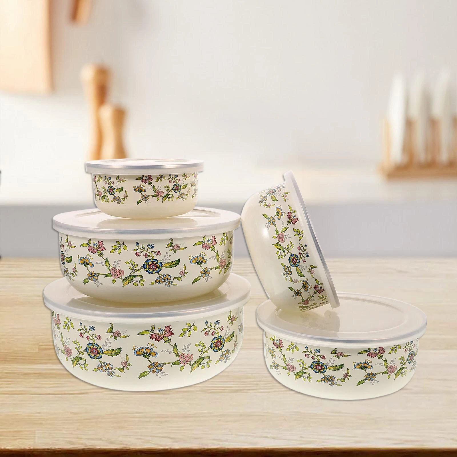 5Pcs Mixing Bowl Set Kitchen Refrigerator Enamel Bowl with Lids for Prepping