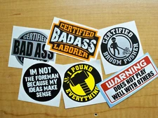 6pk Funny Hard Hat Stickers | Bad Ass Laborer Sledge Hammer Foreman Decals Pack