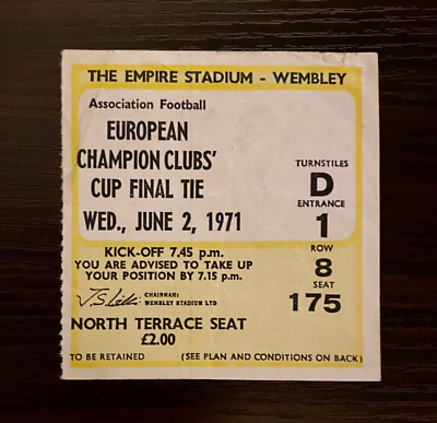 1970/1971 Johan Cruyff 1st European Cup Title Ticket Ajax