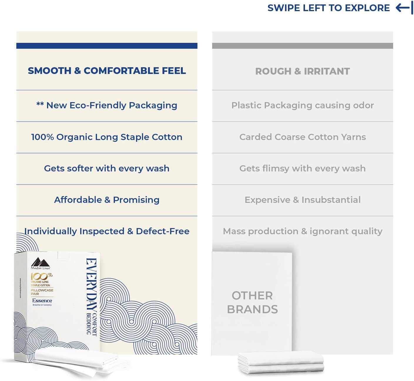 Mayfair Linen 100% Organic Cotton Percale Pillow Cases Standard/Queen Size Set o