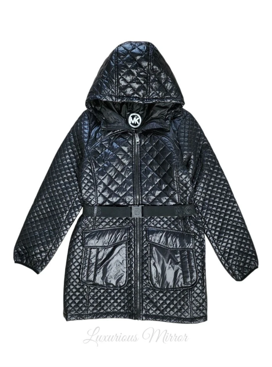 Cappotto imbottito trapuntato Michael Kors donna con cintura e cappuccio nero impermeabile taglia L
