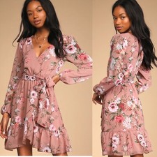 Lulu  s Freshly Picked Mauve Floral Long Sleeve Faux-Wrap Mini Dress size xs