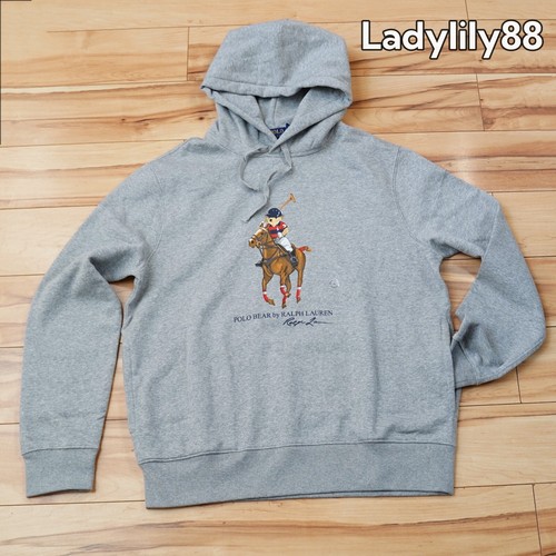 Polo Ralph Lauren Preppy Bear Polo Bear Pullover Hoodie Hooded Sweatshirt - Gray - Picture 1 of 12