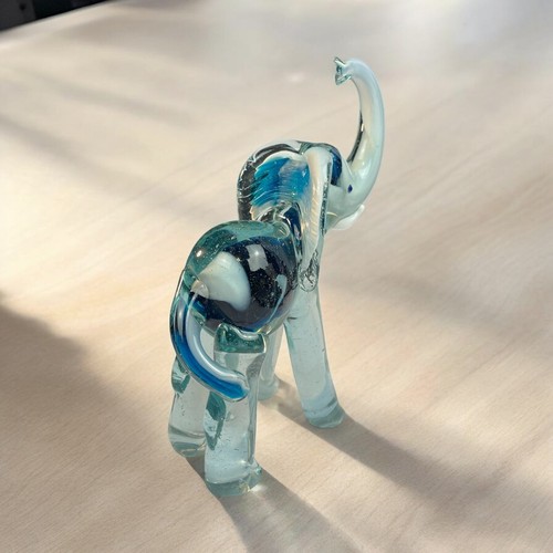 Hand Blown Glass Elephant Cobalt Blue Swirl Glass 7.5” - Picture 7 of 15