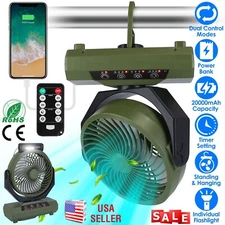 Portable Battery Powered Camping Fan USB Rechargeable Variable Speed w/LED Light