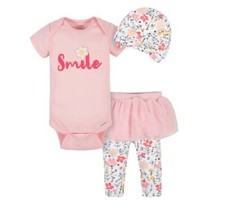 Gerber Baby Girl 3-Piece Pink Floral "Smile" Onesies, Cap Tutu Pants Size NB