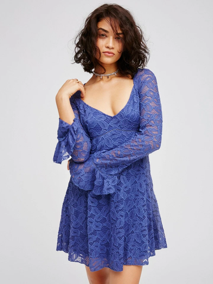 NUEVO VESTIDO BABYDOLL FREE PEOPLE $148 MINERAL PÚRPURA AZUL CIELOS ENCAJE TALLA XS Foto 2 de 4