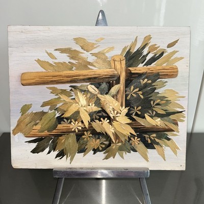 Vintage Straw Marquetry Art On Wood, Cottage Core Style, 10  W X 8.5  L- Signed