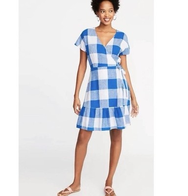 Old Navy Waist-Defined Wrap Dress Gingham Size M Blue White Linen Rayon  Picnic | eBay