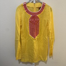 Tory Burch Sequin Tunic Top Size 4 Yellow Pink Cotton Tropical Beachy Summer