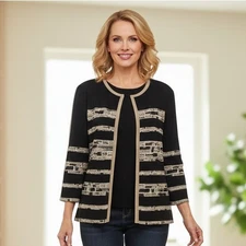 Ming Wang Open Cardigan Women's Petite Medium Black & Tan Neutral Sweater Topper