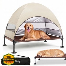 Elevated Dog Bed L Khaki Canopy UV Protection Cooling Breathable Mesh
