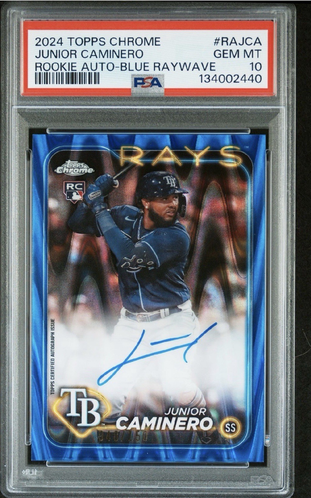 2024 Topps Chrome Junior Caminero #RA-JCA Rookie Auto Blue RayWave /150 PSA 10