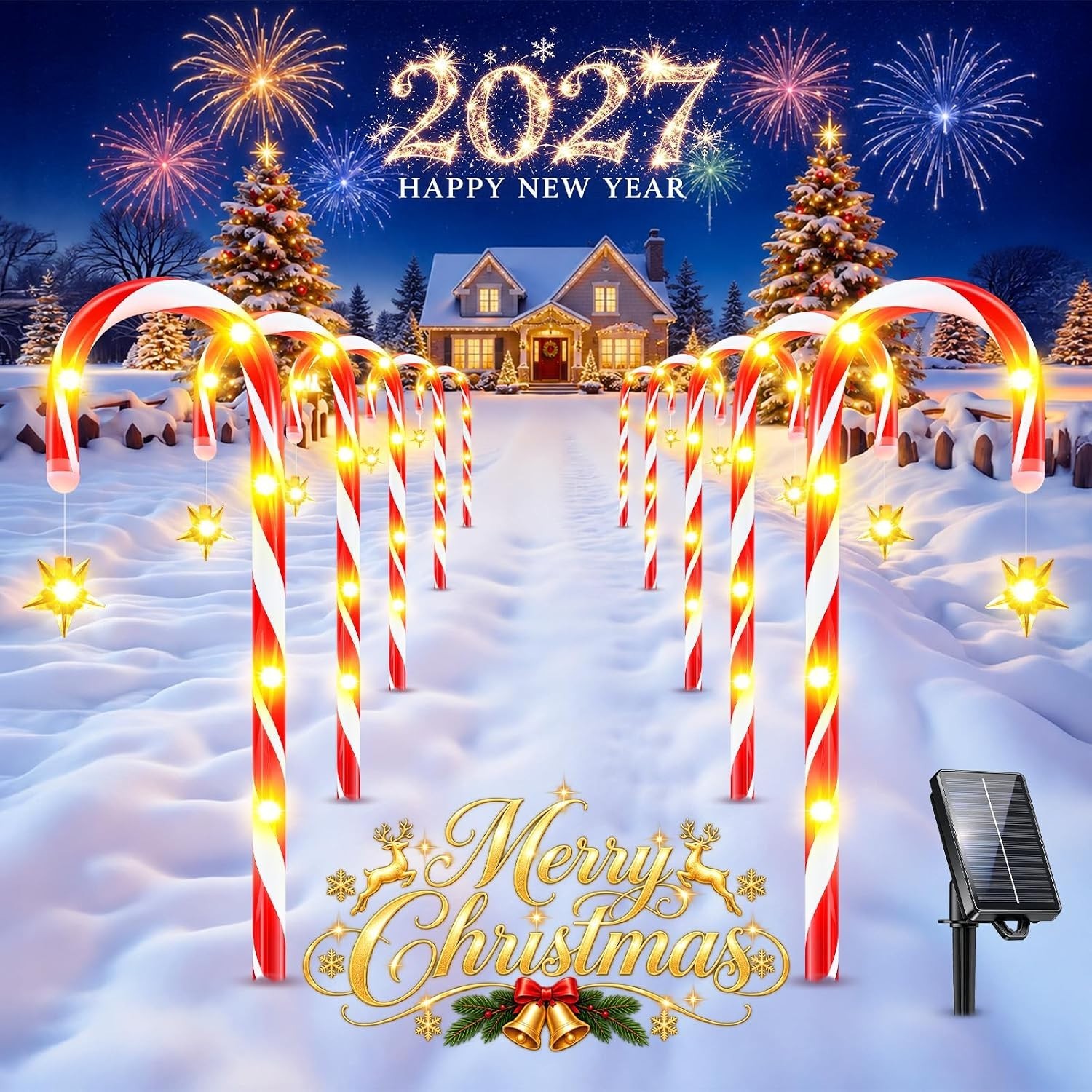 Candy Cane Christmas Decorations 10Pack, 2 Charging Modes Outdoor Christmas Deco