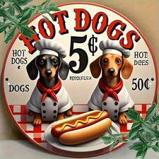 2D Flat2D Flat, 8Inch Piece Floral Round Aluminum 2D Sign, Dog And Hot Dog Digit