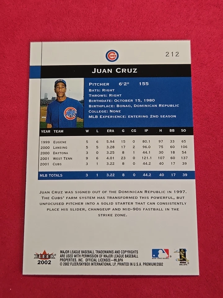 2002 Juan Cruz ROOKIE RC Fleer Premium #212 Premium Prospects  - Image 2 of 2