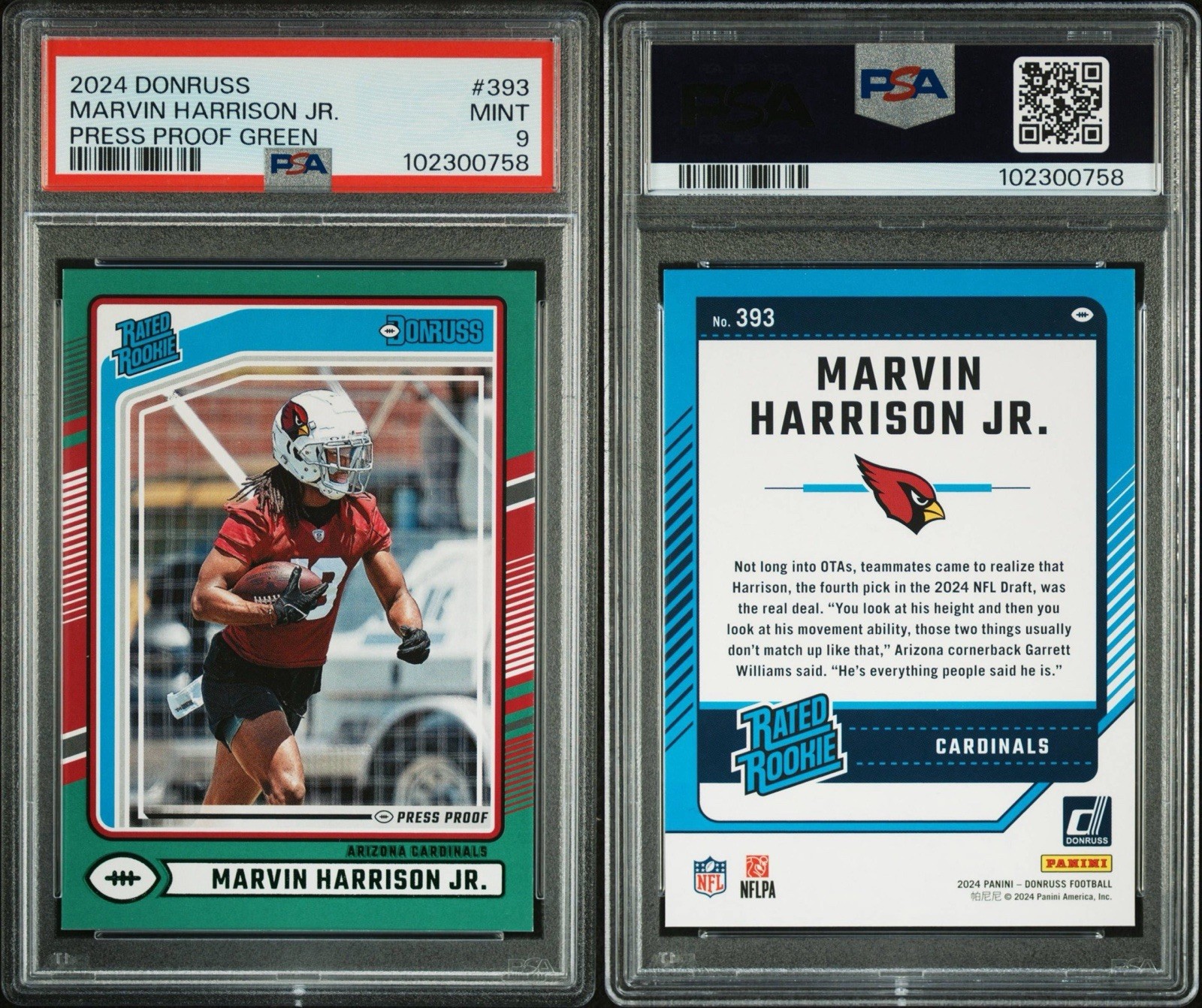 2024 Donruss Press Proof Green #393 Marvin Harrison Jr. PSA 9 MINT view 3